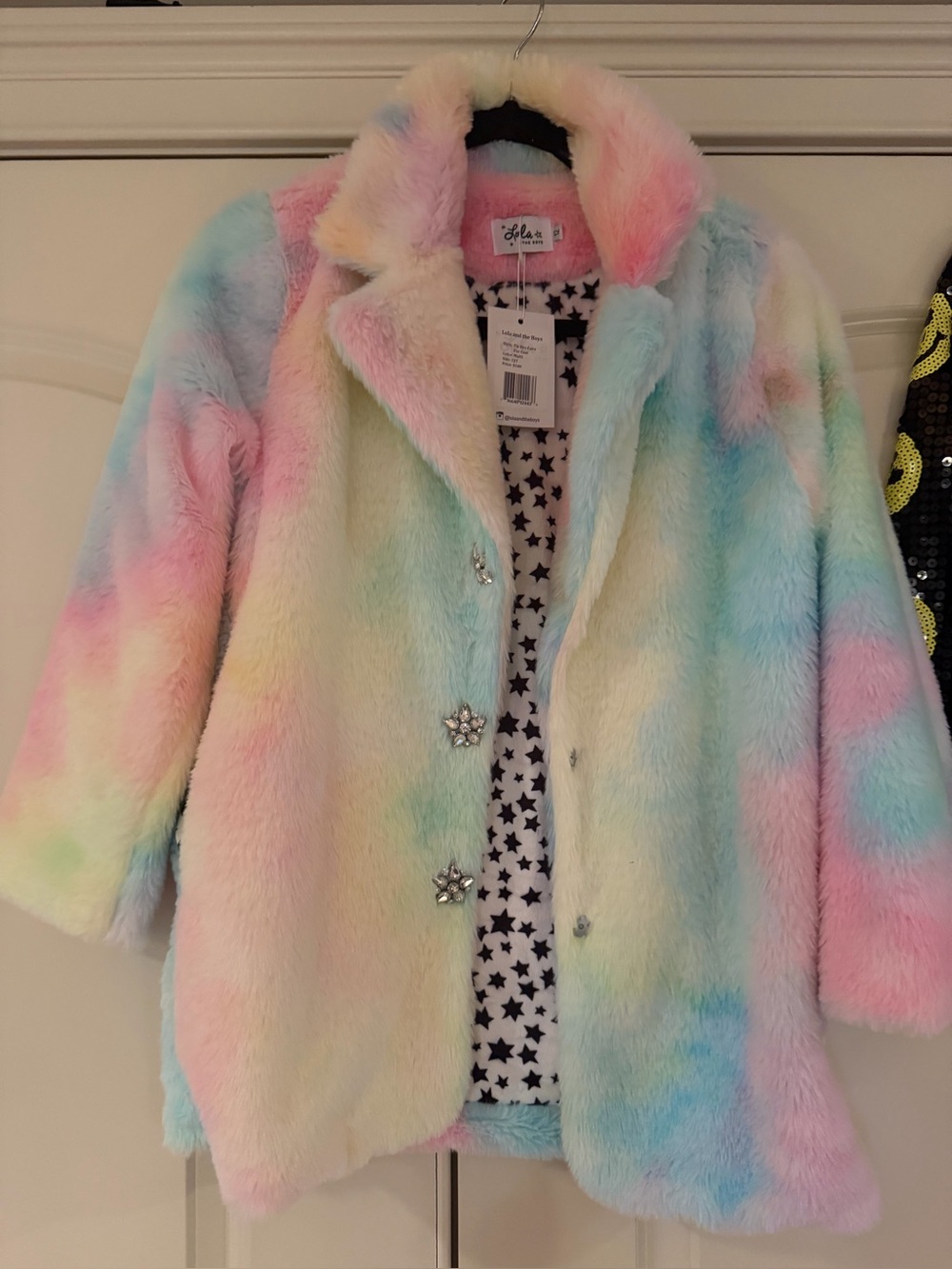 NWT size 12 Lola + the boys pastel rainbow fur jacket star lining jewel buttons